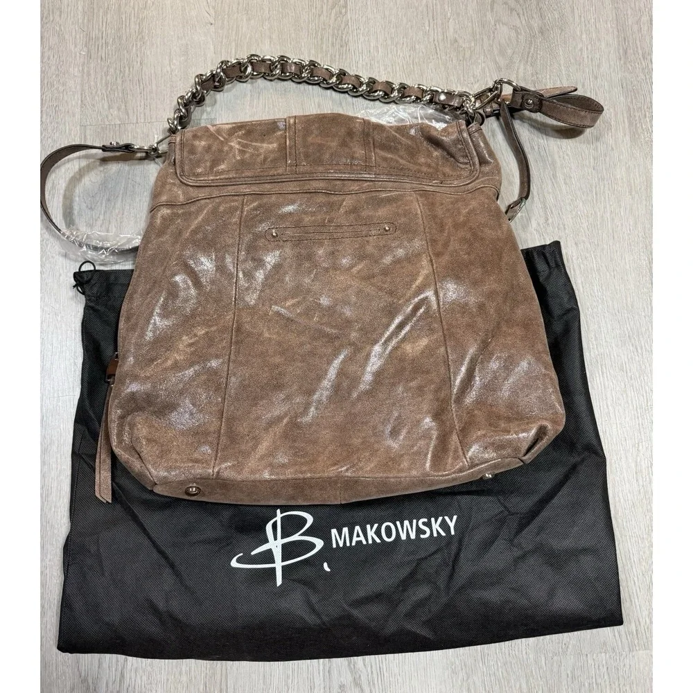 B Makowsky Leather Shoulder Bag Brown Distressed Large Hobo Leopard Lining